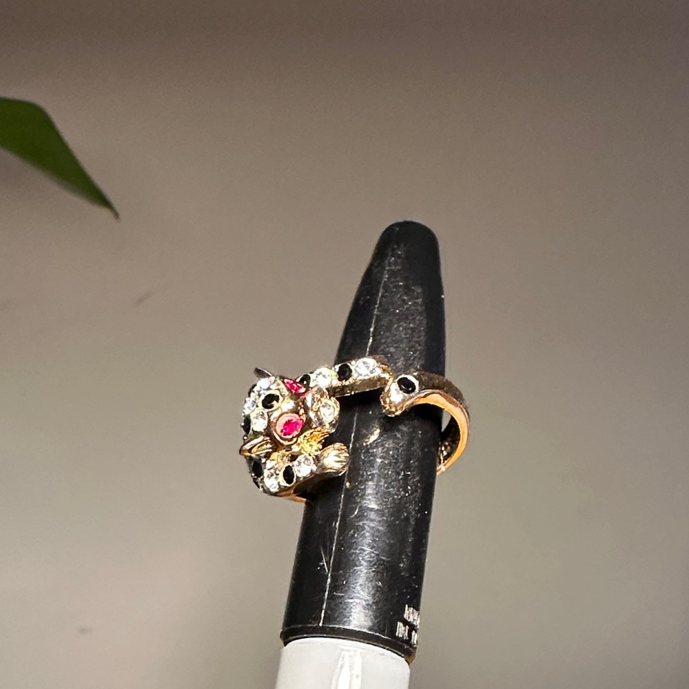 Elegant faux Ruby, Gold tone and Silver tone Panther Cocktail Ring